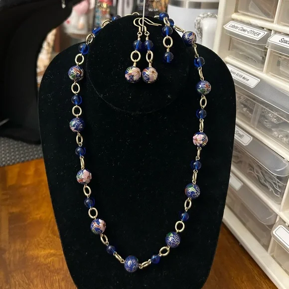 Cloisonné Blue and Gold Beaded Necklace and Earring Set - Picture 3 of 3